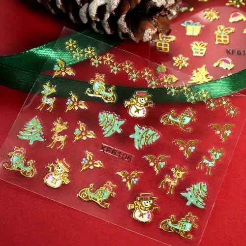 30 Sheets Christmas Nail Art Stickers Decals Set, Golden Cartoon Designs with Snowflakes, Snowmen, Trees, Reindeer, Bells, 3D Adhesive Embellishments, Shimmery Hexagonal Self-Adhesive Nail Decor