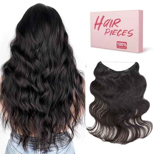 Benehair Halo Hair Extensions - Real Human Hair, Wavy & Curly Styles, 100% Human Hair, Natural Black, 55g/12inch