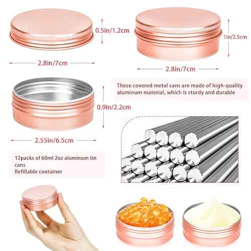 MotBach 12Pack 2oz Tin Jars, 60ml Rose Gold Metal Tin cans, 2Ounce Aluminum tin can jar Containers with Screw Lid for Lotion Bars, Balms, Spices, Salve, Beard Balm, Toiletries, Creams, Makeup Cosmetic