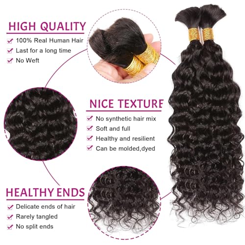 Human Braiding Hair for Boho Braids 100g Curly Boho Hair for Braiding Knotless 12A Wet and Wavy Bulk Bohemian 2 Bundles/Pack Deep Wave 100% Human Hair Extensions Natural Color 24 Inch