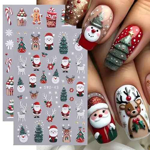 Christmas Nail Art Stickers - Santa Claus, Elk & Gingerbread Man Designs, Winter Xmas Decals, Self-Adhesive, Cute Supplies for Women, 6Pcs