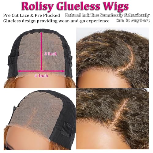 Ombre 4/27 Highlight Wear And Go Glueless Wigs Human Hair Pre Plucked Pre Cut 4/27 Honey Blonde Wig Human Hair Short Curly Bob Wig 180% Density Water Wave Lace Front Wigs For Black Women 14 Inch
