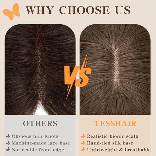 Human Hair Toppers for Women, 150% Density Hair Topper with Bang, No Tangle & Smooth, Upgrade 7x13cm Silk Base, 10 Inch #02 Dark Brown