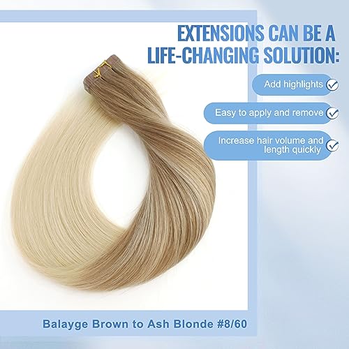 Sixstarhair Blonde Balayage Tape In Hair Extensions Seamless Skin Weft Invisible Double Sided Tape Glue In Hair for Women,Brown Fading to Ash Blonde [Color B8-60#-20 inch]