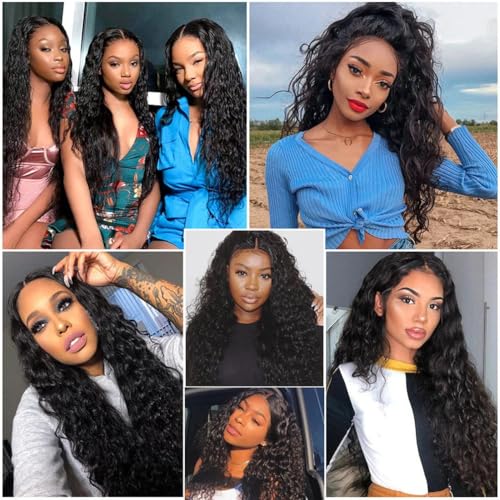 Brazilian Human Hair Bundles Water Wave (14 16 18 Inch)12A 100% Unprocessed Virgin 4 Water Weave Human Hair Bundles Raw Hair Wet and Wavy Hair Extensions Natural Black for Black Women