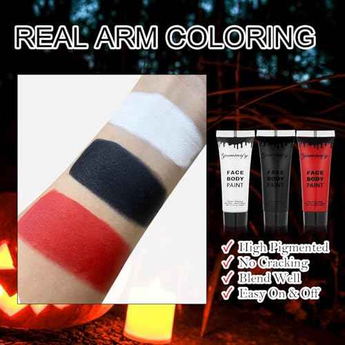 Black White Red Face Body Paint 1.01 oz/pc with 3 Sponges,Water Based Face Paint Kit for Clown Joker Devil Vampire Skeleton Cosplay Makeup,Halloween SFX Makeup Cream Face Painting,3.03 oz