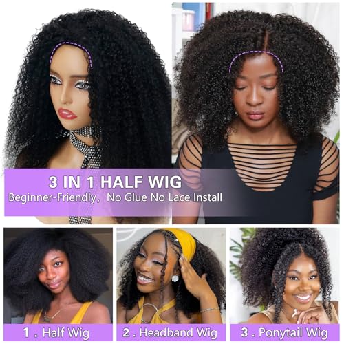 Canaryfly Afro Kinky Curly 3 In 1 Half Wigs Human Hair,200% Density Afro Curly Half Wig With Drawstring Human Hair Kinky Curly Half Wig Seamless Natural Hairline,Flip Over Wig,Beginner Friendly 12inch
