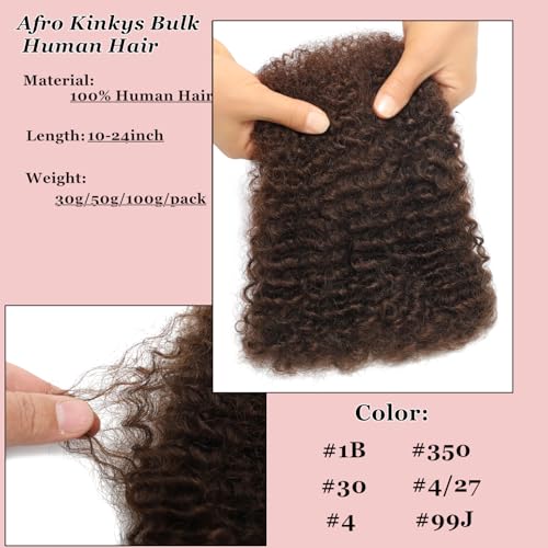 Afro Kinkys Bulk Human Hair for Dreadlock Extensions Repair Locs 50 Gram/Pack Medium Brown 24 inch Mini Twist Braiding Afro Kinky Human Hair for Locs