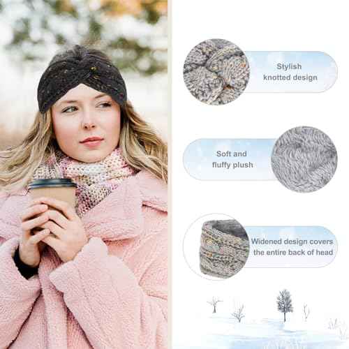 CAVETEE Headbands, 2 Pieces Winter Hairbands for Women - Soft Wool Ear Muffs for Winter, Crochet Ear Protector Bandana Lined with Plush Fleece, Elastic for Women Girls