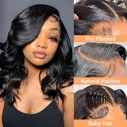 Bob Wig Human Hair 13x4 HD Lace Front Wigs Human Hair Pre Plucked 200% Density Glueless Short Body Wave Bob Wigs for Black Women with Baby Hair 12 Inch