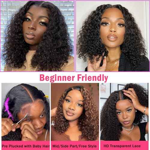 Short Lace Front Wigs for Black Women T Part 13x5.5x1 Glueless HD Lace Pre Plucked Hairline Deep Curly Wigs Afro Curly 100% Human Hair Wig Natural Color 8inch