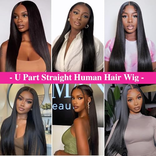 200% Density U Part Human Hair Wigs, Upgrade U Part Wigs With Drawstring No Glues Straight Human Hair Full Head Clip In Half U Shape Wigs For Women, Beginner Friendly,Natural Black Color(16 inch)