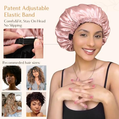 YANIBEST Adjustable Silk Bonnet Double Layer Satin Bonnet Hair Bonnet for Sleeping Bonnets for Women Hats Curly Natural Hair, Blush Pink
