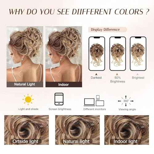 Large Messy Bun Hair Pieces for Women Wavy Curly Fake Hair Bun Extensions Ponytail Hairpieces for Updo Natural Synthetic Claw Clip Bun Hair Accessories Light Brown mix Blonde