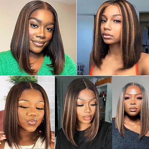 Straight Highlight Ombre Bob Wig Human Hair 4x4 Lace Front Wigs 1b/30 Colored Highlights Honey Blonde Lace Closure Wigs Glueless Pre Plucked Hairline 180% Density Bob Wigs for Women 12 Inch