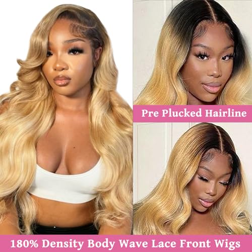 28 Inch Body Wave Lace Front Wigs Human Hair Pre Plucked Curly Wave Ombre 1B27 Glueless Wigs Human Hair 13x4 Color Natural Black to Honey Blonde Frontal Pre Plucked Real Human Hair Wig for Black Women