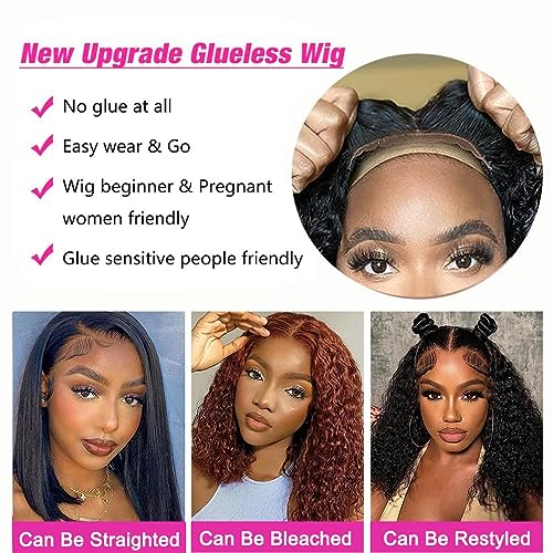 Wear and Go Glueless Wigs Human Hair Pre Plucked Pre Cut 4x4 Lace Front Wigs for Black Women Glueless Water Wave 180 Density Curly Bob Wig Human Hair for Beginners(16 Inch)