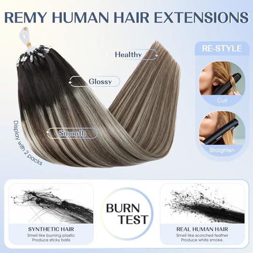 Hairro Microlink Hair Extensions For Women Remy Human Hair Bead In Pre Bonded Cold Fusion Keratin Glue Stick I Tip 20 Inch 50g 50 Strands #1BT4P60