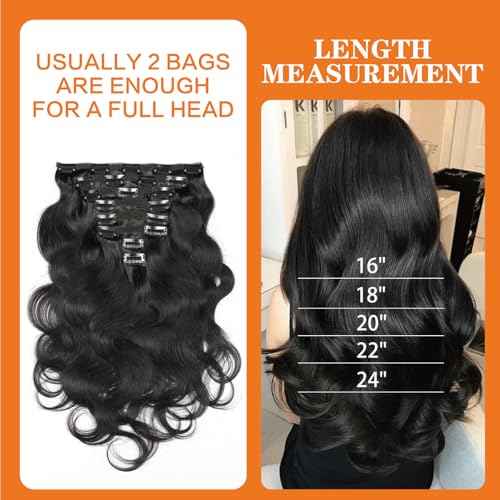 Body Wave Clip Ins Human Hair 8Pcs/Set 120 Gram Body Wave Clip in Hair Extensions 10A Brazilian Virgin Human Hair for Black Women Natural Black Color 24 Inch