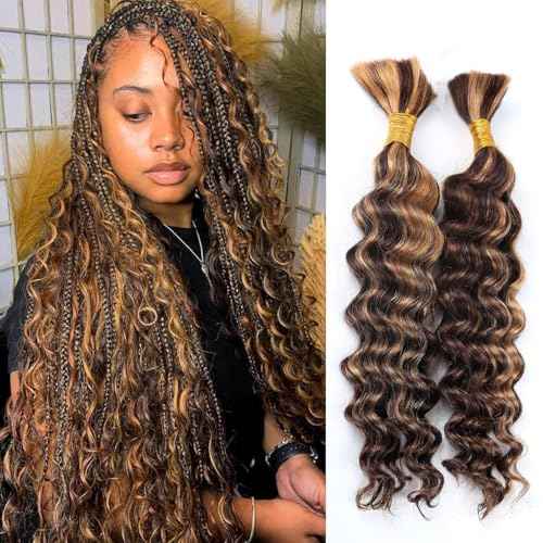 Deep Wave Human Braiding Hair for Boho Braids Highligth Bulk Human Hair for Braiding Brazilian Wet and Wavy Curly Human Hair Braiding Hair Extensions No Weft Bundles for Braiding 20inch 2 Bundles 100g