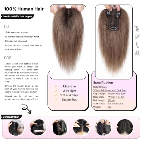 Ash Brown Hair Toppers Real Human Hair for Women with Thinning Hair No Bangs 10 Inch (#3 Tone Ash Brown with Dark Root)