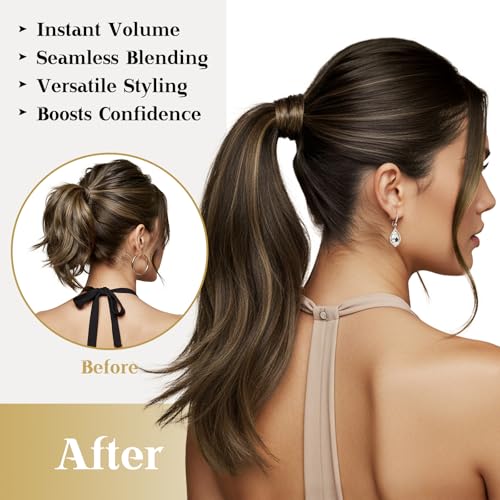 Ve Sunny Ponytail Extension Real Human Hair for Women Clip in Ponytail Hair Extension Straight Hair Pieces Wrap Around Dark Brown Mix Medium Brown Highlights Brown Balayage 14inch 80G