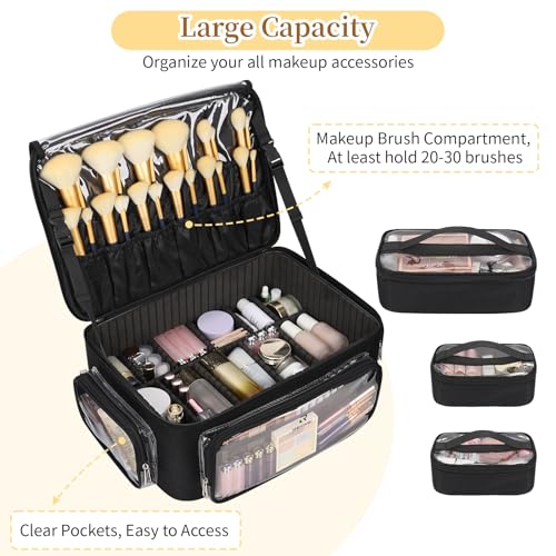 Large Makeup Case Cosmetic Organizer Box Brush Holder, Travel Makeup Train Case with 3 Clear Bags, Professional Makeup Artist Bag Cosmetic Case with Adjustable Dividers and Shoulder Strap