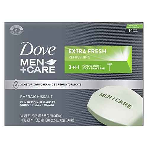 Dove Men+Care Bar 3 in 1 Cleanser for Body, Face, and Shaving Extra Fresh 14 Bars to Clean and Hydrate Skin Body and Facial Cleanser Mandarin Citrus, Patchouli, and Rosemary scent 3.75 oz