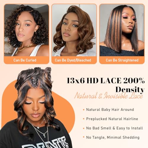 13x6 Highlight Body Wave Lace Front Wigs Human Hair 200% Density FB/30 Ombre Frontal Wigs Human Hair Pre Plucked Short Wigs for Black Women Glueless Balayage HD Lace Wig Loose Wavy 12 inch