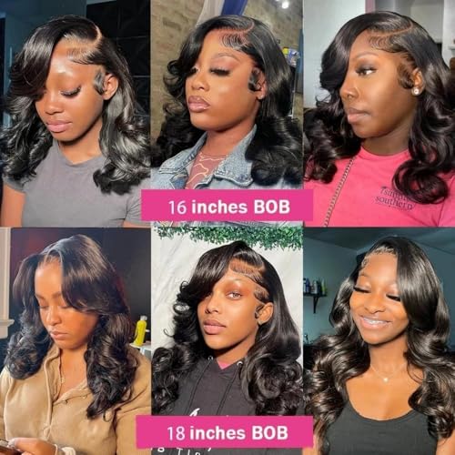 Caijuxing 16 Inch Bob Wig Human Hair 13x6 HD Lace Frontal Wig 220% Density Body Wave Lace Front Wigs Human Hair Pre Plucked Bob Wigs for Women Natural Black