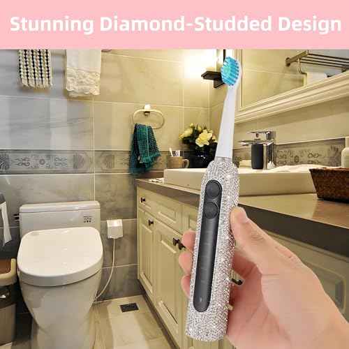 Diamond Sonic Electric Toothbrush Bling Rechargeable Toothbrushes for Adults with 6 Brush Heads Vibrating Toothbrush-5 Modes, USB-C Fast Charge,2Min Smart Timer,IPX7 Waterproof(White)