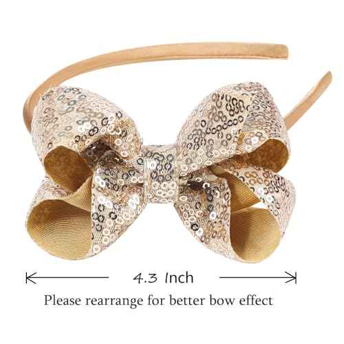 Sparkly Sequin Hair Bow Headbands - Boutique Ribbon Bows for Girls, Kids, and Women (Gold)