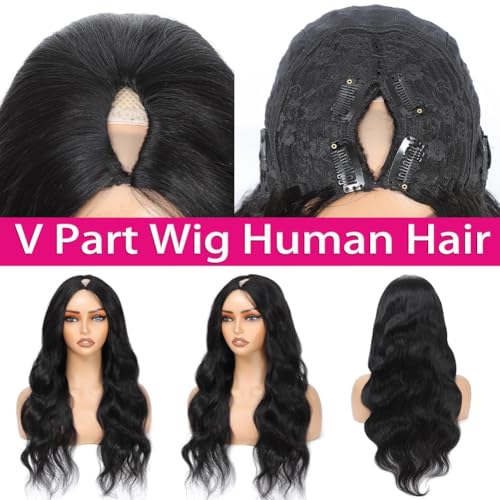 V Part Wig Human Hair Body Wave Upgrade U Part Human Hair Wig With Clips Glueless Wigs Human Hair Beginner Friendly 18 Inch V Shape Clip In Half Wigs for Women No Leave Out 180% Density