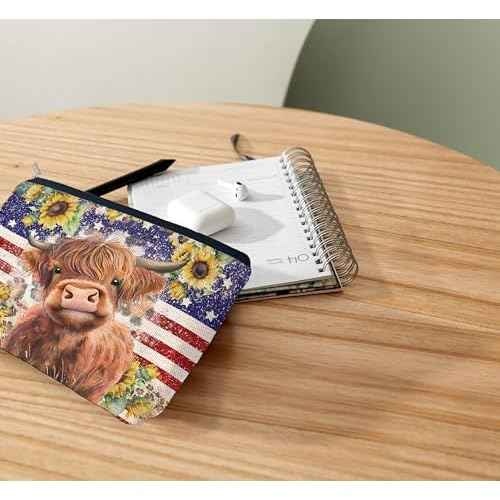 Ayxvt 4th of July Patriotic Highland Cow Makeup Bag - Independence Day Decor Zipper Bags, Summer Sunflower Floral Gifts