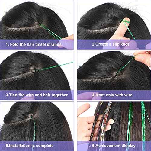 FEBSNOW 47 Inches Tinsel Hair Extension with Tool 3600 Strands 18 Mixed Colors Hair Extension Tinsel Kit Glitter Hair Extensions for Women Girls Hair Accessories for Christmas New Year Cosplay Party