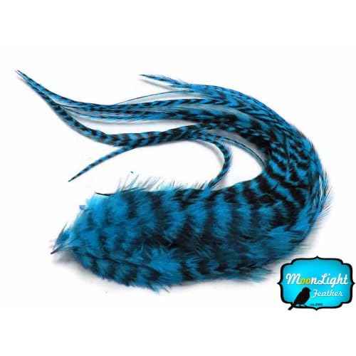 Moonlight Feather, Hair Extension Feathers - Turquoise Blue Long Grizzly Rooster Hair Extension Feathers - 7-11 Inches Long - 6 Pieces Per Pack