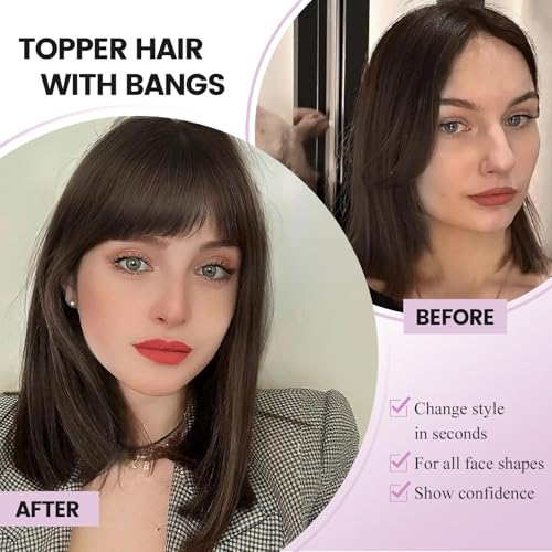 Human Hair Toppers with Bangs Hair Toppers for Women Remy Human Hair Hand-stitched 360¡Æ3D Coverage Natural for Thinning HairPieces for Women with Thinning Hair Swiss Base(4T4/27#)