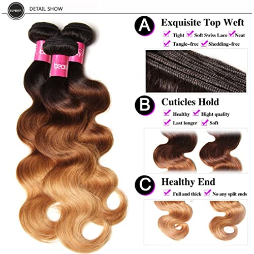 Sunber Ombre Brazilian Hair Bundles Body Wave 12A Grade Human Virgin Hair One Bundles 3 Tone 1B/4/27 Color Hair Extensions 18Inch T1B/4/27 Color