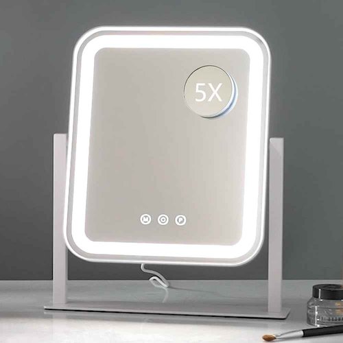 HIEEY Vanity Mirror with Lights, Makeup Mirror with Lights, Three Color Lighting Modes, and 5X Magnification Mirror, Smart Touch Control, 360°Rotation (14.1" x 12" White,Gift Box)