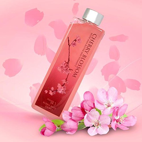 Deluxe Cherry Blossom Spa Basket - Home Spa Set with Bubble Bath, Bath Salts, Body Lotion, Bath Puff, and Rose Soaps in Wooden Curio