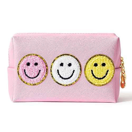 Preppy Smile Cosmetic Toiletry Bag - Pink Patch Varsity Makeup Bag with Zipper Aesthetic Waterproof Portable PU Leather Spring Travel Office Birthday Party Gifts for Women Teens