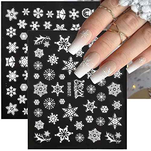 30 Sheets Christmas Snowflake Nail Stickers, Winter Snowflakes Christmas Nail Decals 3D Self Adhesive Nail Art Stickers Xmas Nail Designs White Snowflake Stickers for Nails Decor Women Nail Supplies