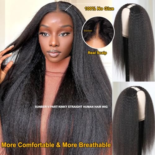 Sunber V Part Wig Human Hair Glueless Wig Kinky Straight Upgrade No Leave Out Vpart Kinky Straight Wigs 150% Density Glueless Clip in Half Wigs No Glue No Sew in Beginner Friendly 16Inch