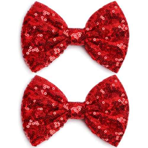 KISZU Large 5 Inch Glitter Hair Bows Clips, Sparkling Sequin Big Bow HairPins for Baby Girls Children Teens and Women (Red)