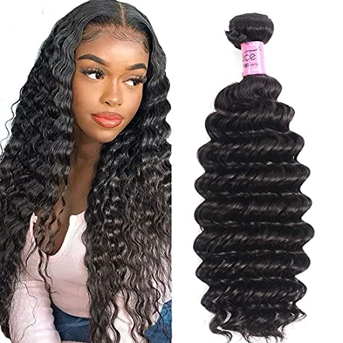 UNICE Deep Wave Human Hair Weave 1 Bundle 20 inch Unprocessed Brazilian Virgin Human Hair Sew in Extensions Natural Black Color Can be Dyed and Bleached