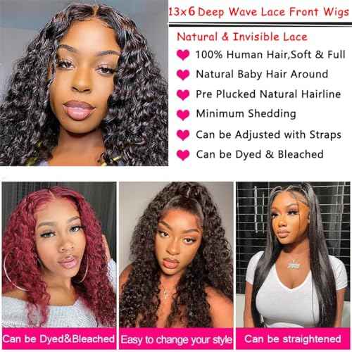 13x6 Deep Wave Lace Front Wigs Human Hair HD Transparent Lace Front Wigs Human Hair for Women Pre Plucked with Baby Hair Deep Curly Glueless Wig 180% Density 24 Inch