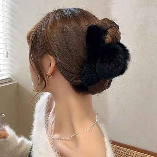 YOYLMAL Large Faux Fur Hair Claw Clip for Women, 5.1 Inches Winter Fluffy Fuzzy Hair Clips, Nonslip Strong Hold Furry Big Jaw Clamp for Thick Long Hair (Black)