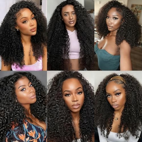 Kinky Curly Half Wig Human Hair Wear Go Glueless Wigs 16 Inch Curly 3 In 1 Half Wigs for Black Women Drawstring Seamless Flip Headband Wig Human Hair Beginner Friendly