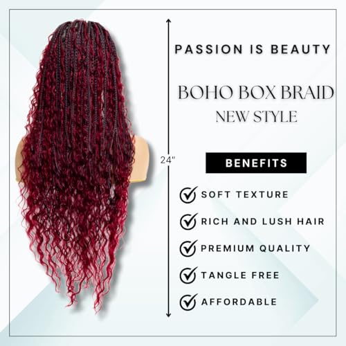 PIB 24'' Full Lace Bohemian Box Braid Wig - Knotless Braided Wigs for Black Women - Synthetic Braided Wig with Natural Baby Hair - Off Black and Burgundy #1B118