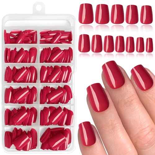LoveOurHome 288pc XS Coffin Press on Nails Short Fake Nails with Glue Tabs, Berry Red Glue on Nails Press on Nails Women Acrylic Nails XS Coffin Fake Nails Short False Nails Girls Kids Fingernails